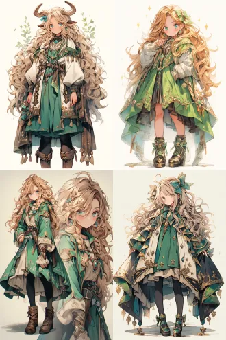 a magical girl with golden shoulder-length curly hair, cyan eyes, delicate and beautiful face, petite and fair-skinned, wearing a light green magic robe, brown leather boots, full body shot, standing pose, fantasy style, soft lighting, beautiful anime illustration, highly detailed, high quality, masterpiece