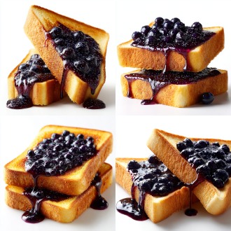 ``` 2片厚吐司，中间夹着丰满的蓝莓酱，里面嵌进去的隐隐约约的蓝莓颗粒，丝滑溢出来，吐司的一角自然弯曲掀起来流露出丰满丝滑的蓝莓酱果酱，面包皮颜色金黄，文理细腻，高清，暖光，立体感强，食欲强，中心构图，食品拍摄海报效果，白色背景 ```