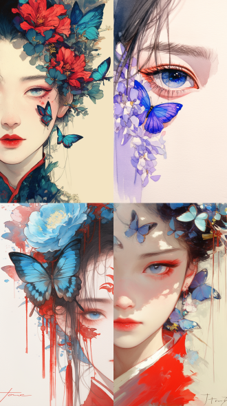 头上带花的女孩，面部特写，凤眼，蓝色眼珠，水彩插画，手绘，花与少女，国画风，蝴蝶，鸟，颗粒感