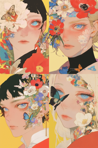头上带花的女孩，面部特写，凤眼，蓝色眼珠，水彩插画，手绘，花与少女，国画风，蝴蝶，鸟，颗粒感