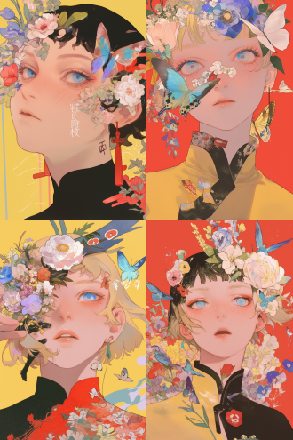 头上带花的女孩，面部特写，凤眼，蓝色眼珠，水彩插画，手绘，花与少女，国画风，蝴蝶，鸟，颗粒感