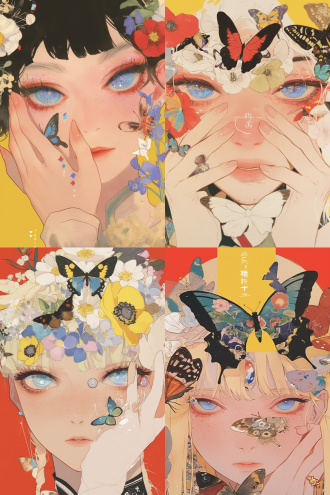 头上带花的女孩，面部特写，凤眼，蓝色眼珠，水彩插画，手绘，花与少女，国画风，蝴蝶，鸟，颗粒感