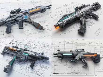 a high-end 3d product render of a futuristic anti-drone laser rifle concept, named "aj-7", resting on a white technical blueprint background. the weapon features a matte grey and dark grey metallic finish, with a prominent cyan glowing led strip along the front barrel and a bright orange trigger. a lightweight skeletonized stock with a sturdy, thicker connecting tube. the front barrel has a distinct laser emitter lens. the grip is ergonomically proportioned. the body has deep, realistic vertical heat vents and a crisp picatinny rail on top. graphic design ui overlays with clean typography, lines pointing to parts like "ergo grip", "cyan status led", "spectrum emitter", "orange trigger". studio lighting, soft shadows, ultra-detailed, 8k resolution, photorealistic, concept design sheet, sci-fi military aesthetic.