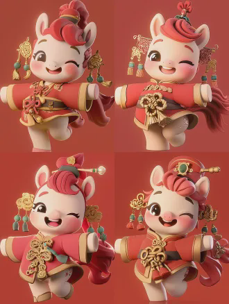 一只可爱的卡通小马，穿着红色的中国传统服装，有金色的纽扣，双手拿着红色的中国结，戴着金色装饰和绿色宝石的红帽子，表情俏皮，一只眼睛闭着，另一只眼睛睁开，微笑着，粉红色的脸颊，全身，纯色的背景，最高质量，c4d，模型