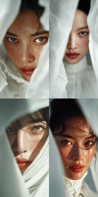 一位中国美女站在飞舞的白色布匹后面，两片百布间的缝隙漏出了该美女的半张脸，美女的眼睛雪亮迷人，特写，长焦，两片白布占据画面左右角，对称构图。