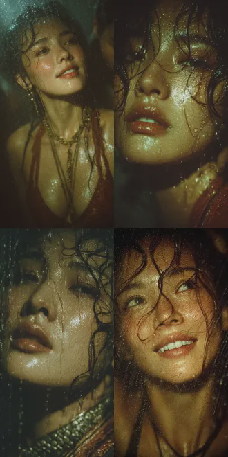 立体感，视觉冲击力，暴雨倾斜而下，画面满屏的水幕，隐约可见水幕后中国美女，毛发皮肤湿润反光，仰天微笑，眼神灼灼。光影渲染，丰富层次感，细腻画质，真实，情绪氛围感，电影质感，半身照，获奖作品，暖光滤镜。
