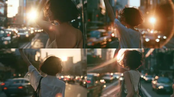 prompt: a cinematic movie screenshot, back view of an asian girl with short black hair walking on a city street, raising one arm. strong sun flare and backlight, heavy bokeh from passing cars, motion blur. shot on 35mm film, low contrast, hazy, dreamy and nostalgic vibe, japanese youth mv aesthetic. soft glowing edges, vintage film grain,
