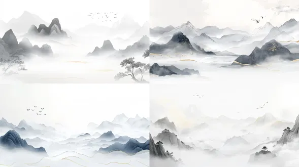 白色背景，灰色金线勾勒的山脉与云朵，淡雅色彩，中国风插画，画布上半部分留白，高清晰度，细节精致，设计简约，极简主义风格，矢量图形，水墨画风格，平面插画，中国传统山水画，淡灰色渐变，超高分辨率，高品质图像