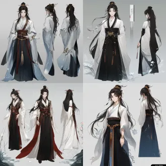 全身, 角色设计, 多姿势角色, 全身角色, 青瓷莲花尊｜温婉莲仙，柔和慈悲 原型：北朝青瓷莲花尊 人设：临水莲仙，性情柔软包容，安静恬淡，自带水汽清韵 全身描写：浅墨长发松松挽低髻，簪青瓷莲瓣发簪；冰青月白叠层齐腰襦衫，层层裙摆雕刻感莲瓣褶皱，如同尊上仰覆莲花；衣身暗刻宝相花，泛青瓷冰裂纹细闪；袖口薄纱如水雾，腰间浅青络子挂莲形青瓷坠，裙摆垂落如水波纹，气质恬静柔和，眼尾温润。 ai 三视图词：古风莲仙拟人，青瓷莲花尊拟人，全身立绘，三视图：正面｜标准侧身 45° 侧视｜正背面，白底淡彩，北朝古风，冰青瓷色，满布莲瓣纹样，冰裂纹细闪，水色薄纱，清冷水光质感