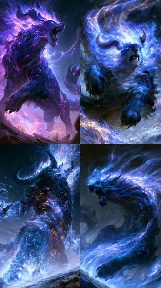 tcg digital artwork, 4k hd a mythological and legendary cosmic beast, composed of pure galactic energy, starlight, and the cosmos-a grand, beast-like creature that is both stunningly exuberant and imposingly beautiful .mystical cold lighting, epic detail