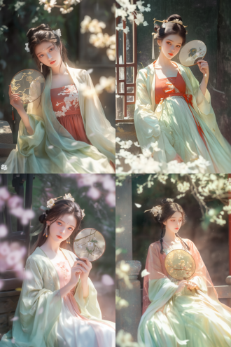 古风女子坐姿优雅，着淡雅汉服，手持团扇，背景为古风庭院，樱花飘落，漫画风格，二次元分隔，柔光，浅色调，细腻线条，唯美表情，静谧氛围，传统建筑，古典元素，花瓣飞舞，微风轻拂，温婉气质。