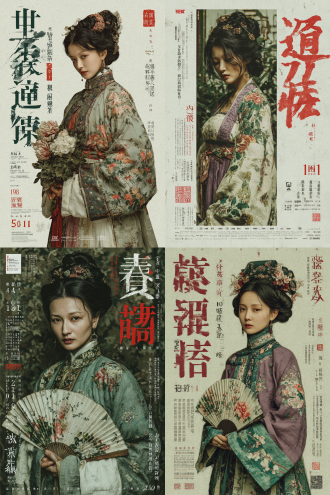 电影海报，中国水墨画风格，灵动的中国女子，着一身淡紫色纱质汉服，手持桃花扇，发髻典雅，她正侧面站在花园中，展现出她的优雅与端庄，背景是古代宫廷室内，象征她的尊贵