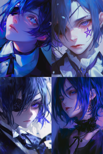 黑执事，夏尔，人物角色，1个男孩，左眼中有紫色五芒星，肖像，深蓝色忧郁的短发，慵懒的表情，半封闭的眼睛，动漫风格，官员，艺术，超高清，柔和灯光，哥特式画风颜色，景深，聚焦人脸