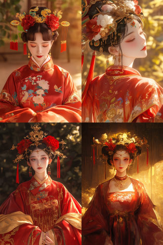 清朝格格，大红色鎏金公主服，牡丹花旗头配红色流苏，五官精致肤色白皙，王宫后花园背景，阳光洒落温馨氛围，广角镜头，16k高清，柔焦效果，黄金比例构图，暖色调，自然光，细腻肤质，华丽刺绣，动态流苏，古典园林，花木扶疏，微笑表情，优雅站姿，宫廷风，高饱和度，细节丰富