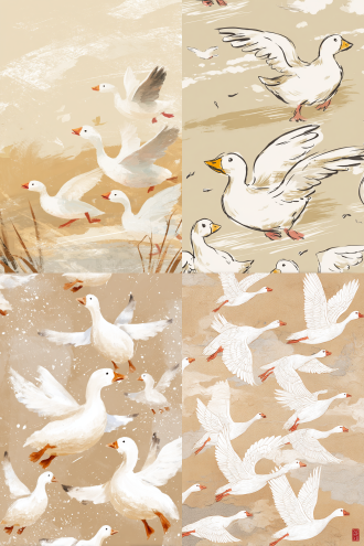 可爱的大鹅，大鹅在展翅奔跑，白色，画面欢快，明亮，富有童趣，米色与浅褐色的柔和背景，质感强烈，广角镜头，中国画风格，手绘风，线条感强，极简风格