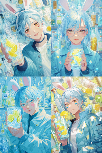浅蓝发色人物，穿浅蓝夹克，手持带柠檬片和冰块的玻璃杯，头戴兔耳，脸颊贴心形贴纸，背景布满瓶子和玻璃杯，动漫插图风格，对角线构图，柔和高光，明亮色彩，散景效果，特写镜头，冷色调，生动表情，俏皮氛围，细节丰富，清新感。