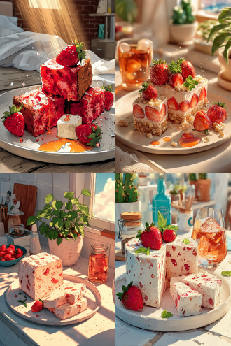 插画风格，线条插画漫画风格，切成一小块的草莓蛋糕，放在白色的盘子里，背景是白色，光从上面洒下来，画面看起来非常温馨，暖色调，甜点，诱人，16k高清