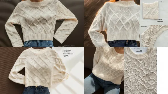 亚马逊a+ ebc banner，1464×600，分辨率不低于300dpi，品牌logo是truwelby，文字slogan是women knit sweater 2026 crew neck crochet diamond knitwear。商业服装图。左侧：30多岁欧美女士穿着米白色菱形镂空针织毛衣与蓝色牛仔裤，秋季户外场景，柔和自然日光，毛衣贴身舒适，面料平整。右侧三块细节面板突出精致镂空针织工艺：圆领细节，菱形菱格纹理，袖口下摆细节，每一块细节抠图独立背景，统一秋季暖色调，产品摄影，纹理清晰，亚马逊listing使用，无多余文字