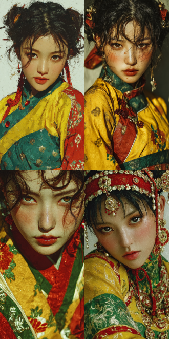 数字绘画，写实风格，美丽少女细腻光泽肌肤，苍白面容，身着黄绿红色汉服，面对镜头摆出俏皮姿势，自然光线，汉服与肌肤泛光泽，高清画质，超高细节，最佳图像质量，柔和阴影，生动色彩，精致纹理，动态构图，温暖色调，逼真渲染，细腻表情，优雅姿态，环境模糊，浅景深。