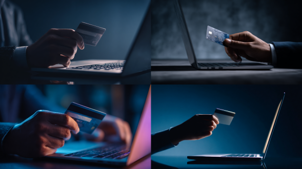 手持银行卡正在笔记本电脑前准备支付，第三人称视角，深蓝到深灰的渐变背景，渲染精细，画面充满高级感，商务摄影，深邃神秘