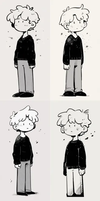 极简主义手绘单色插图，可爱的q版少年形象，蓬松凌乱的短卷发，面无表情，身穿厚重的黑色针织毛衣，搭配浅灰色宽松直筒裤和简约休闲鞋，角色周围点缀着细小分散的箭头和点状装饰线条，粗犷的手绘黑色轮廓，色彩平淡有限，纯浅灰色纯色背景，天真随意的涂鸦风格，没有冗余的细节，构图简洁明了