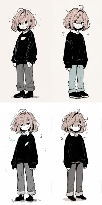 极简主义手绘单色插图，可爱的q版少年形象，蓬松凌乱的短卷发，面无表情，身穿厚重的黑色针织毛衣，搭配浅灰色宽松直筒裤和简约休闲鞋，角色周围点缀着细小分散的箭头和点状装饰线条，粗犷的手绘黑色轮廓，色彩平淡有限，纯浅灰色纯色背景，天真随意的涂鸦风格，没有冗余的细节，构图简洁明了