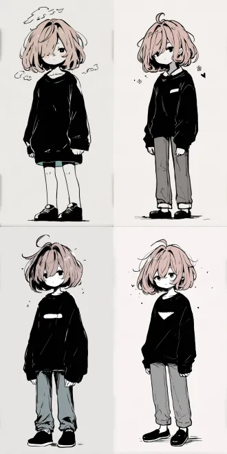 极简主义手绘单色插图，可爱的q版少年形象，蓬松凌乱的短卷发，面无表情，身穿厚重的黑色针织毛衣，搭配浅灰色宽松直筒裤和简约休闲鞋，角色周围点缀着细小分散的箭头和点状装饰线条，粗犷的手绘黑色轮廓，色彩平淡有限，纯浅灰色纯色背景，天真随意的涂鸦风格，没有冗余的细节，构图简洁明了