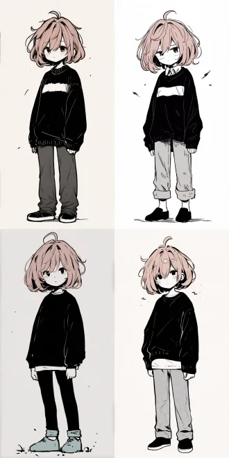 极简主义手绘单色插图，可爱的q版少年形象，蓬松凌乱的短卷发，面无表情，身穿厚重的黑色针织毛衣，搭配浅灰色宽松直筒裤和简约休闲鞋，角色周围点缀着细小分散的箭头和点状装饰线条，粗犷的手绘黑色轮廓，色彩平淡有限，纯浅灰色纯色背景，天真随意的涂鸦风格，没有冗余的细节，构图简洁明了