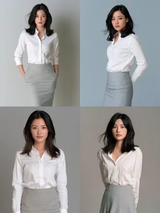 一位 30 岁左右的中国女职场人，身材匀称偏瘦不胖，五官清秀耐看，素颜妆容，皮肤白净，眼下有淡淡的一层晒斑，眼下带着淡淡黑眼圈和倦意，神情温柔中带一点疲惫和坚韧，黑色锁骨发、有几缕碎发，穿干净的白衬衣和浅灰色及膝短裙，极简通勤风，清秀低调，漂亮但不浓艳，自然柔光，真实摄影质感，半身肖像。