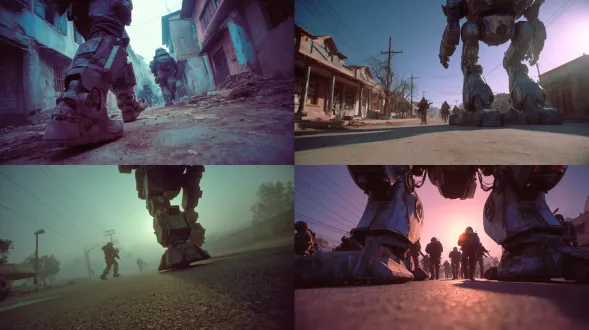 hyper-realistic, command & conquer tiberian sun (1999), c&c hud overlay, cold teal-purple grade, 35mm film grain, ion storm sky, eva-2 voice, full-scale cinematic realism, life-size vehicles & actors, 1:1 proportions, imax frame, shallow depth of field, anamorphic lens flares, 8k resolution 镜头开始于地面，紧贴着一台泰坦机甲巨大的金属脚。随着机甲沉重地向前迈步，镜头缓缓抬升，跟随它的动作。我们可以看到这是一支gdi的巡逻小队，正小心翼翼地穿过废弃小镇的主街道