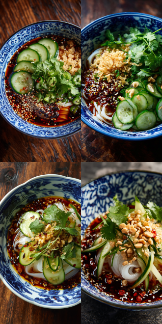 这碗凉皮如玉脂凝露般静卧青花瓷碗中，刀工精准的粉条浸透红油琥珀釉，辣椒籽与白芝麻在釉面凝结成星辰。翡翠雕琢的黄瓜丝与芫荽叶沿碗沿垂落，金箔般的花生碎与蜂窝状面筋垒起酥脆山丘。传统器皿的靛蓝纹样与现代摆盘碰撞出文化韵律，柔光穿透食材肌理，将川味精髓凝练成可食用的山水长卷，麻辣鲜香尚未入口，已在视觉上掀起一场味蕾风暴