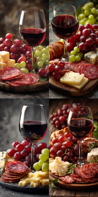 红酒与奶酪水果拼盘的照片。红酒旁边放着一只装满红酒的高脚杯。红酒的颜色深邃而诱人，散发出浓郁的香气。拼盘上摆放着各种美味的食物：新鲜的红绿葡萄、切片的意大利腊肠以及几块硬质奶酪。这些食物搭配在一起，不仅颜色丰富多样，而且口感层次分明。整体布局精致美观，营造出一种优雅而温馨的氛围。无论是作为晚餐的一部分还是朋友聚会时的小吃，这款红酒与奶酪水果拼盘都是一个不错的选择。胶片质感，锐利焦点，先锋艺术，超现实，杰作