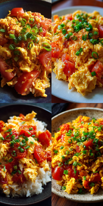 这道番茄炒蛋盖浇饭色彩鲜艳，令人垂涎欲滴。金黄的鸡蛋与鲜红的番茄交织在一起，形成了视觉上的强烈对比。米饭粒粒分明，吸收了番茄和鸡蛋的鲜美汁液，每一口都充满了浓郁的味道。撒上些许葱花作为点缀，不仅增添了香气，还为整体口感带来了微妙的变化。这是一道简单却美味的经典家常菜，适合任何时刻享用。胶片质感，锐利焦点，先锋艺术，超现实，杰作