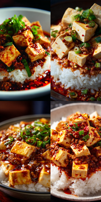 这道麻婆豆腐盖浇饭看起来非常诱人。白米饭铺底，上面覆盖着嫩滑的豆腐块，豆腐被浓郁的红油酱汁包裹，散发出诱人的香气。酱汁中还点缀着细细的肉末和葱花，增添了丰富的层次感。整体色泽鲜艳，红油与白米形成鲜明对比，令人食欲大增。这道菜不仅视觉上吸引人，想必味道也十分美味，融合了麻辣鲜香的口感，是一道经典的中式美食。胶片质感，锐利焦点，先锋艺术，超现实，杰作