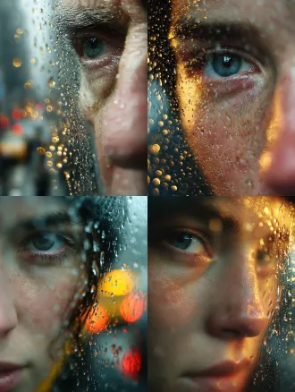a close-up of the upper half of the face, with some clear close-ups. golden raindrops are floating in the picture. the picture is jittery and clear and blurry. the slow shutter speed exposes. the background is blurry vehicles and pedestrians. the blurred background is a gray picture. , camera realistic, photos taken with shaking