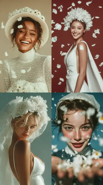 摄影人像，婚纱摄影，身穿白色婚纱的女性手拿着白色花抛向镜头，微笑面对镜头，重纱，头带白色花环帽，莫兰迪色背景，干净明亮，高级，4k。