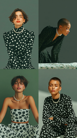 a fashion photo of a white and black female model with short hair, in the style of frieke janssens, wearing an outfit made of silk ribbon and a pearl necklace, leaning forward on her arms, in motion, against a white background and grey backdrop, shot from a low angle with volumetric lighting, cinematic in style, high resolution and hyper-detailed, with a grainy film effect and a stylized, raw, y2k aesthetic, inspired by a prada campaign。