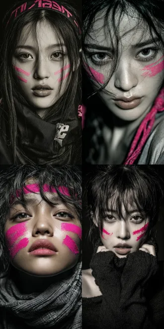 a black-and-white portrait of a young chinese 20s girl, with three prominent lines of pink oil paint on his face, conveying a strong sense of cultural confidence, a charmingly playful yet non-aggressive sense of style. the dark background and excellent indoor studio shooting style further enhance the impression。