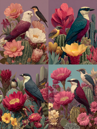 这是一个植物插图,前景描绘了盛开的仙人掌,背景充满了各种植物,包括沙漠植物和一些栖息在其中的鸟类,这种设计适合自然主题的封面或横幅,背景是浅紫色,