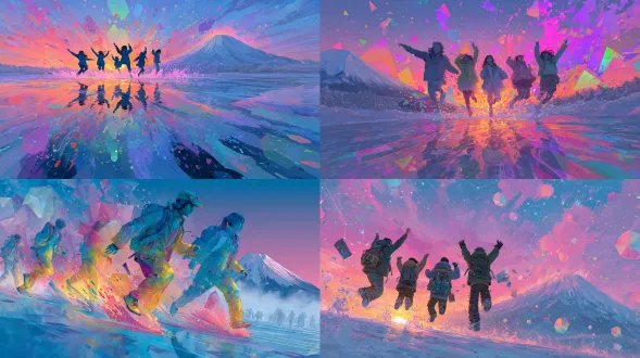 大学生广告创意大赛海报，超现实梦幻风格，一群快乐大学生以动态剪影从长白山天池水面跃出，动作激起彩色颜料飞溅、发光数据粒子、漂浮书本与绘画工具，低角度拍摄突显青春能量，背景半透明雪山内藏流动数据网络，天空粉紫渐变梦幻色调悬浮几何晶体与全息窗口，高饱和度，动态模糊，强运动感，标题“创意浪潮，由你开启”。