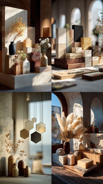 "生活美学展，极简构图，现代空间，柔和自然光，中性色调，几何元素，艺术品陈列，细腻质感，35mm镜头，低角度拍摄，干净线条，宁静氛围，优雅细节，浅景深，温暖木色，静物与装置艺术，平衡美感，和谐色彩。"