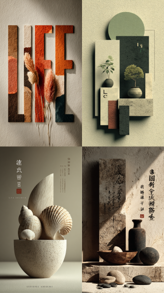 生活美学展海报，极简设计，留白空间，自然材质纹理，柔和光线，中性色调，几何构图，手写字体，抽象艺术元素，微距细节，哑光质感，禅意氛围，低饱和度，平衡对称，轻盈飘逸，有机形态，雅致格调，现代感，文化融合，宁静和谐。