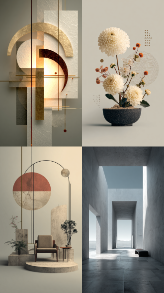 生活美学展海报，高端极简，西式风格，抽象艺术与家具元素融合，留白构图，哑光质感，柔和中性色调，现代主义字体，几何线条，微距视角，漫射光，精致细节，高级灰，优雅，静谧
