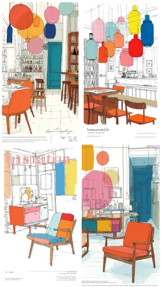 灵感生活美学展海报，高端极简风格，西式艺术表现，手绘线条与家具元素融合，中性色调，留白构图，抽象几何，柔和光影，细腻笔触，优雅氛围，极简字体，高级质感，创意布局，艺术感强烈，低饱和度，精致细节，视觉平衡，现代美学，静物摆拍，丝网印刷效果。