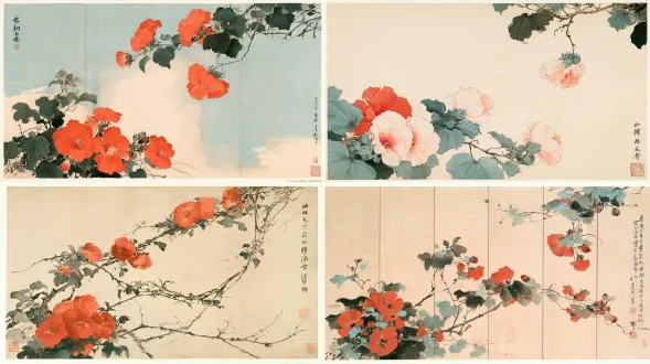 画面按宋式美学配色，中间位置大片留白，画面右上角为一支垂落的木芙蓉 ，左下角为一丛芙蓉花，采用工笔花鸟画法