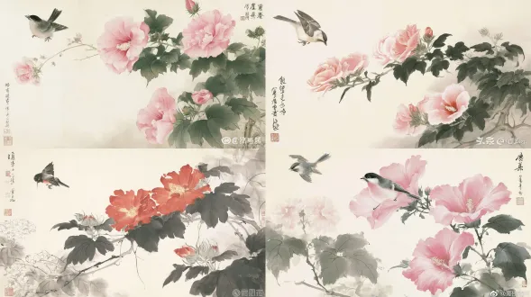 画面按宋式美学配色，中间位置大片留白，画面左上角为一只飞向花朵的小鸟，右下角为几支木芙蓉，采用工笔花鸟画法