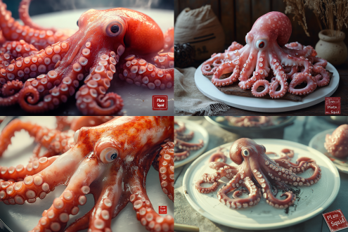 创意艺术字体设计,文字“铁板鱿鱼"由真实的油煎的章鱼身体拼接而成,采用花体字,有连笔。文字笔画有逼真的章鱼纹理。白色磁盘烤串背景,超高清8k画质展现立体结构的精密感,使用c4d和oc渲染器实现高细节与景深效果,右下方有个极小的正方形红色文印“cici”。