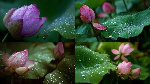 念心清静莲花处处开 点滴晶莹，聚成福泽； 叶展荷开，尽显风华。水珠，荷花局部光影特写，荷叶露出一角，荷花含苞待放，娇羞如美人。