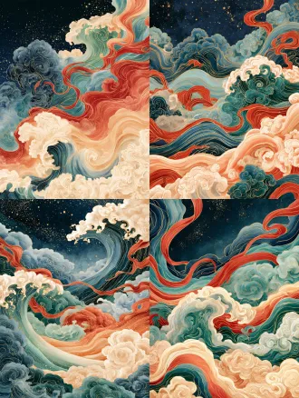 新中式国风装饰插画，翻腾的浮世绘风格海浪，交错的传统祥云纹样，流动的红色飘带穿插其间，所有纹样都用细金线描边，水彩晕染肌理，藏青、湖蓝、青碧、朱红、暖橙、米黄渐变色彩，夜空点缀细碎金色星点，竖版构图，卷曲流畅的线条，色彩浓郁层次丰富，细节精致