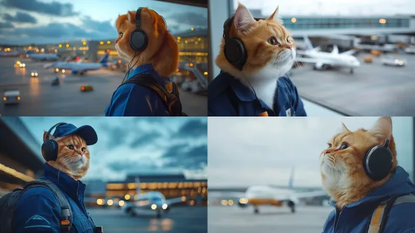 橘猫形象机场工作人员，身穿蓝色制服，戴耳机，专注操作设备，机场背景，现代明亮航站楼，玻璃幕墙，飞机滑行，对角线构图，高清晰度，广角镜头，柔和顶光，专业感，细节丰富，冷色调，沉稳表情，高效工作氛围。